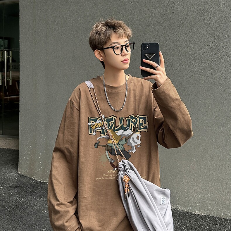 2026春季美式印花宽松圆领打底衫长袖T恤情侣上衣HY438TP25控39,男装T恤,电商A102B