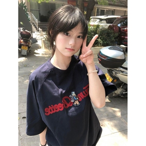 网图有货 美式字母小熊插肩藏青色宽松刺绣短袖T恤男女 A607-P35图片