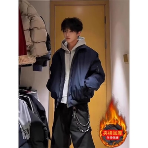 美式cleanfit外套男款秋冬加厚翻领短款藏青色飞行员夹克棒球棉服图片