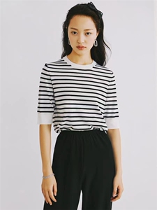 时尚减龄条纹短袖精纺仿羊毛针织衫 显瘦百搭女款上衣图片