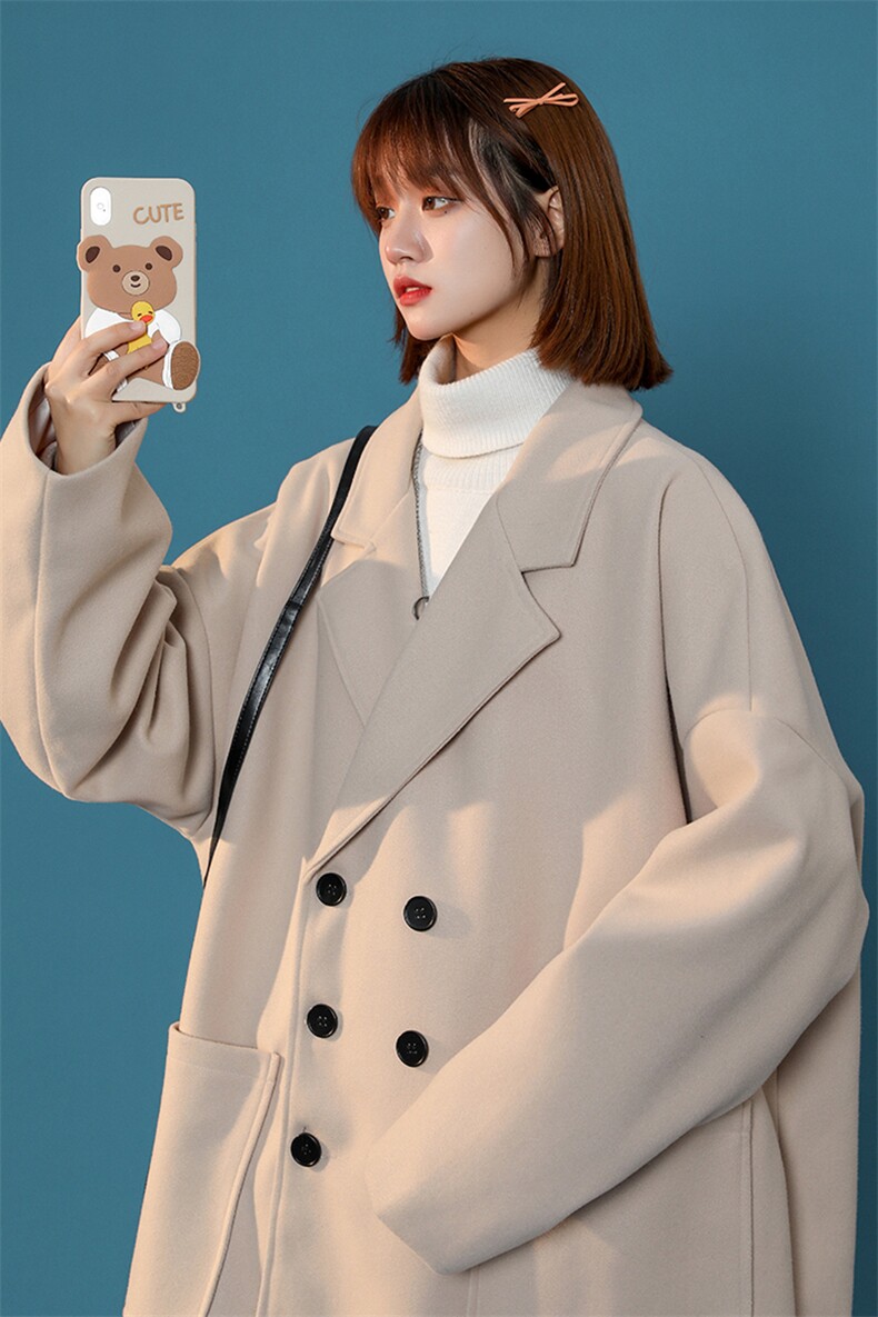 EY120韩范纯色垂感呢料大衣宽松学生2024新款冬装呢子外套女P98,女装短外套,电商C306-1