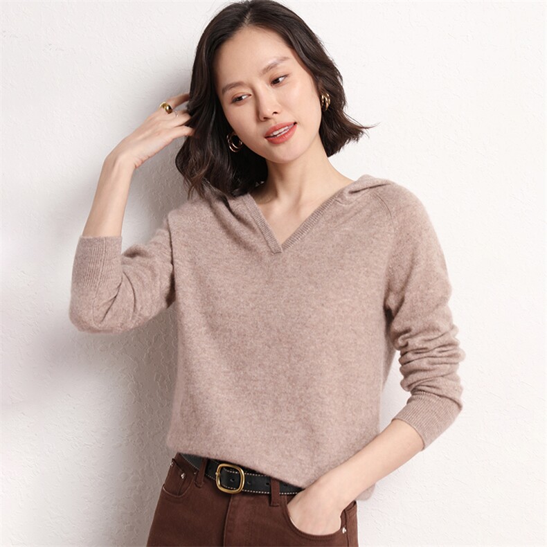 时尚潮流通勤简约百搭秋冬新款女士连帽羊绒衫保暖舒适,女装羊绒衫,艾米娇羊绒