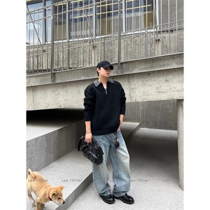 美式假两件秋冬撞色翻领Polo毛衣男复古宽松针织衫图片