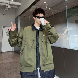 F606P75假两件设计感外套男春秋季潮牌宽松翻领夹棉冬装夹克上衣图片