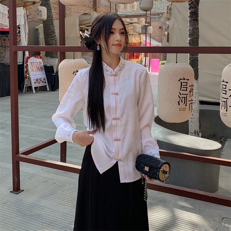 优雅新中式立领提花衬衫修身显瘦长袖上衣搭配高腰马面裙，女装衬衫，诺蝶