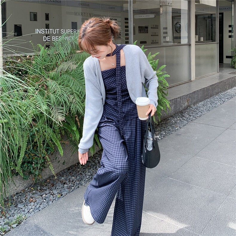 洋气时髦设计感复古格纹套装女2026春夏新款开衫吊带阔腿裤三件套，女装套装/套裙，艾米莉亚