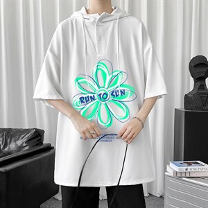 LD54170-P45 连帽短袖t恤男大码胖子带帽五分袖中袖图片
