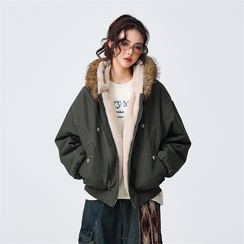 现货重磅boxy短款棉衣座山雕大毛毛领男女棉服水洗工装厚外套,男装棉衣,电商A443