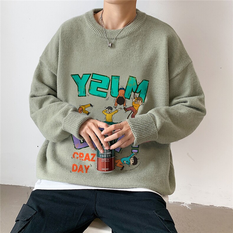 1港风圆领中性情侣潮流大码M-5XL印花毛衣男外套7698P48加绒P55,男装针织衫/毛衣,星座226-2