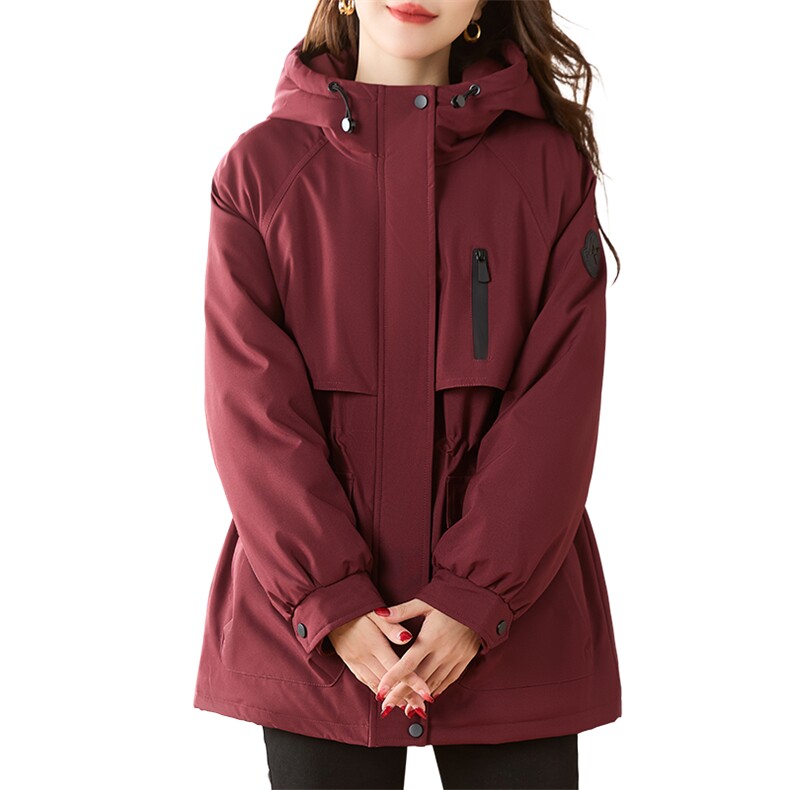 红工装羽绒服女2025冬季新款加厚保暖白鸭绒内胆派克服外套,女装羽绒服,慕咨