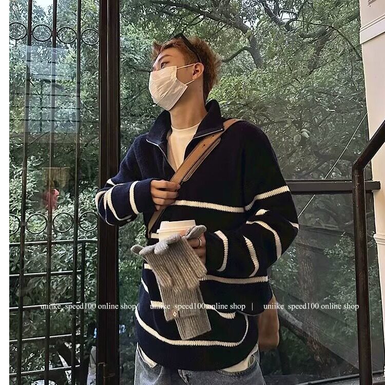 FFY2159-P49ins半拉链条纹毛衣男士秋冬慵懒宽松针织衫,男装针织衫/毛衣,电商B323A