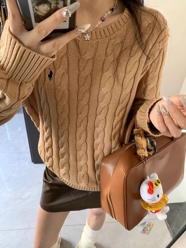 女士秋冬宽松麻花针织衫复古简约纯色毛衣，女装针织衫/毛衣，美莎羊绒