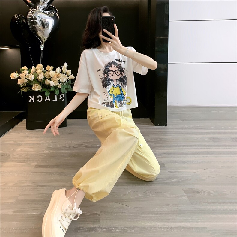 女夏季潮流时尚套装宽松显瘦圆领卡通印花T恤阔腿工装长裤两件套,女装套装/套裙,江南