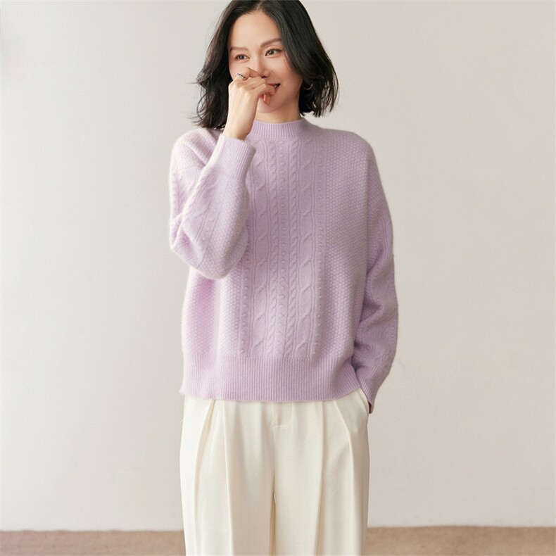 2025年秋季扭花圆领长袖针织衫套头上衣女,针织衫/毛衣,鸥蕊娅羊绒