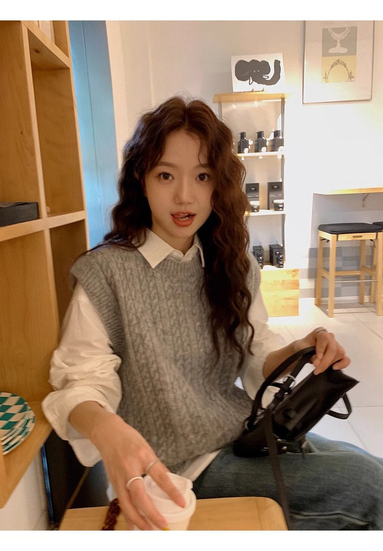 春秋灰色羊毛针织马甲女士百搭洋气韩系宽松叠穿麻花毛衣背心坎肩，女装针织衫/毛衣，美莎羊绒