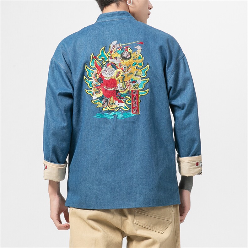 20秋冬大码唐装风牛仔夹克盘扣麒麟刺绣外套汉服JK17/P155,男装夹克,电商A221A