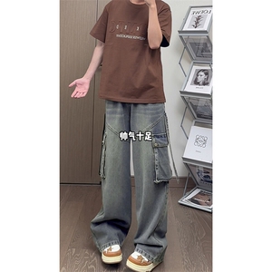 日系复古宽松直筒版型做旧水洗牛仔裤复古感十足长裤K663TP55控88图片