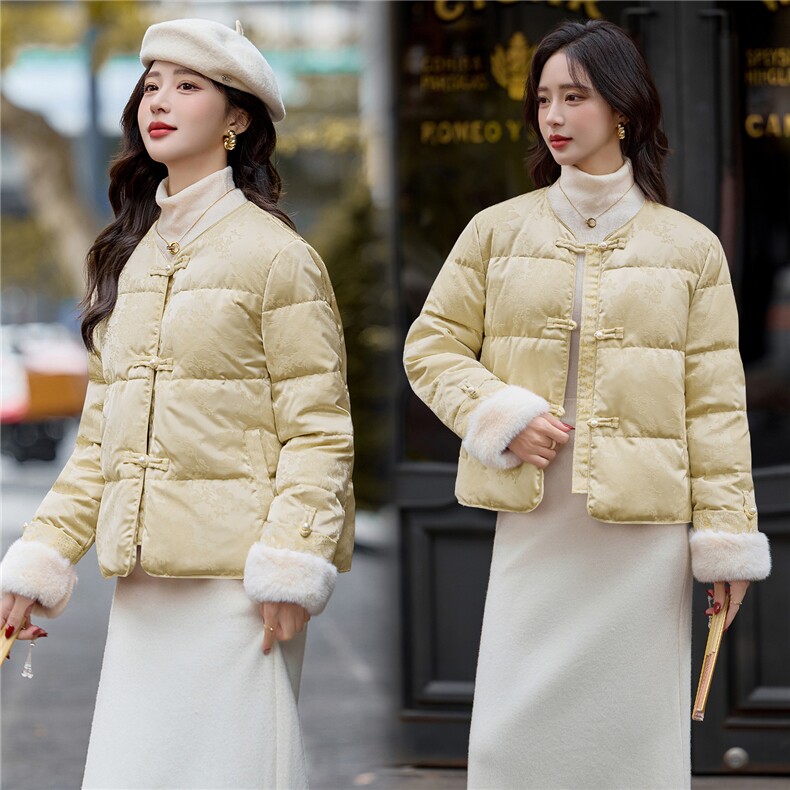 2025年冬季新款新中式羽绒服水貂皮草盘扣提花白鸭绒羽绒服外套,女装羽绒服,贝蕾酷儿