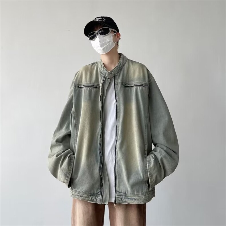 复古做旧牛仔外套男潮牌高街宽松立领机车服美式开衫拉链夹克上衣图片