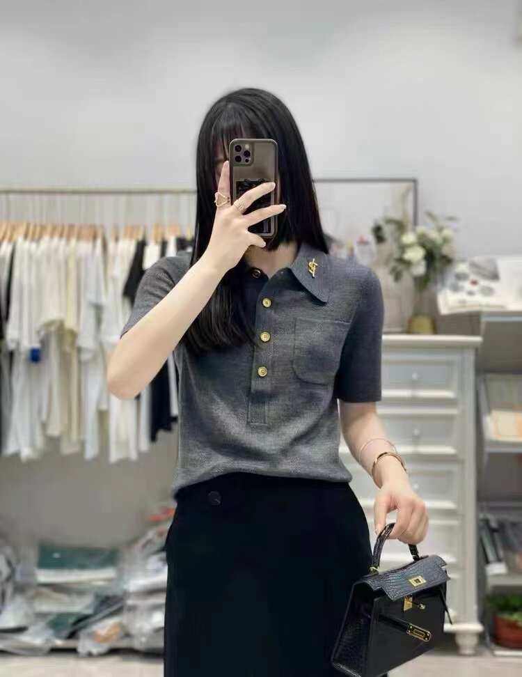 通勤知性干练简约polo衫短袖,女装T恤,雪真羊绒