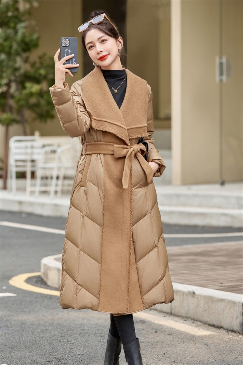【bao款现货】2024新款冬装气质简约拼接流苏羊绒羽绒服白鸭绒,女装羽绒服,雅静靓衣