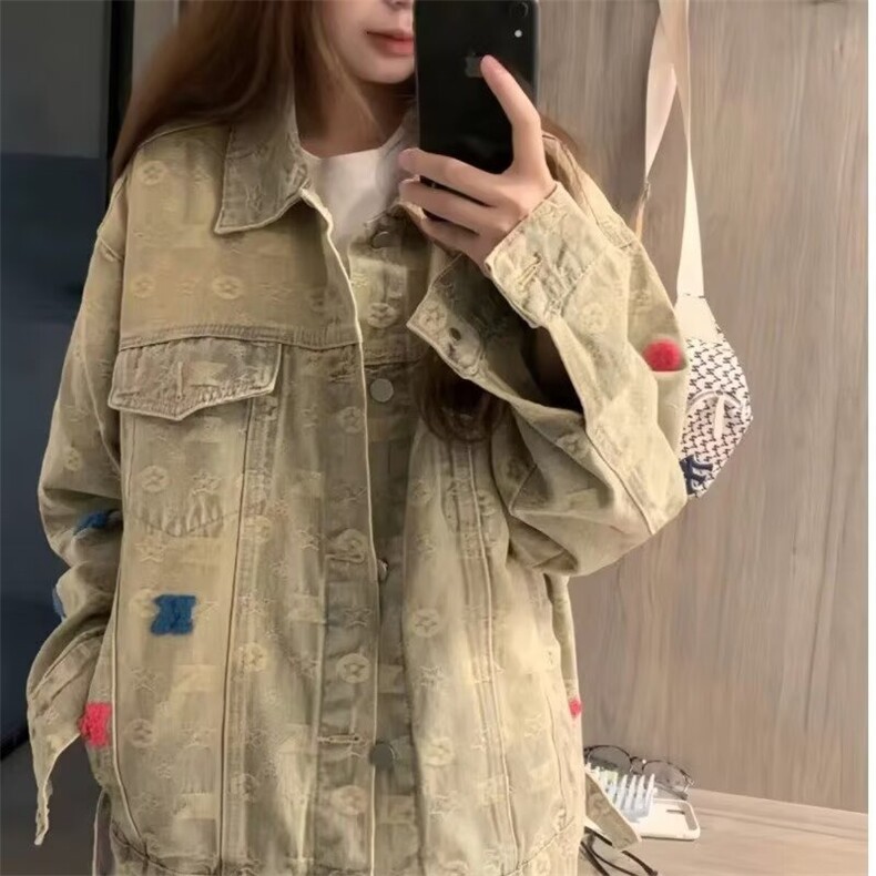 做旧牛仔外套男女宽松秋季款ins刺绣提花夹克黄泥色翻领JK313,男装工装外套,星座516A