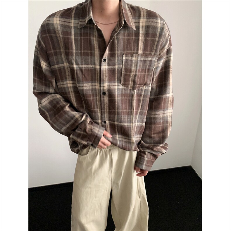 现货~格子大码长袖衬衫C5886/特P23咖啡,男装衬衫,电商A094