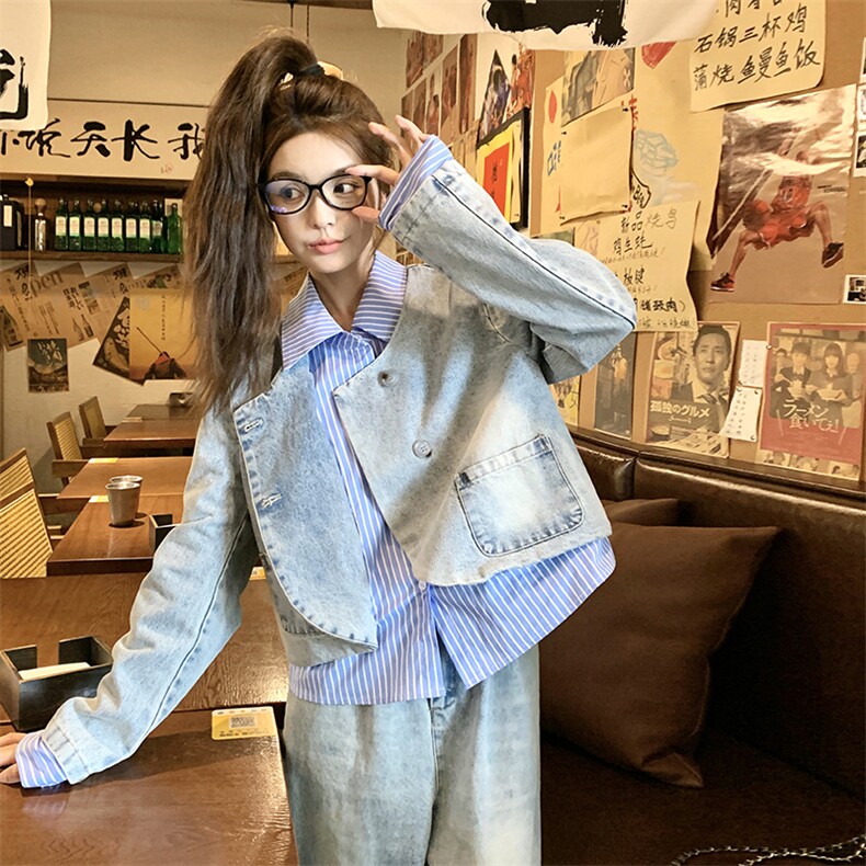 条纹拼接牛仔套装女春秋2025新款流行盐系炸街小众阔腿长款两件套,女装套装/套裙,2C239