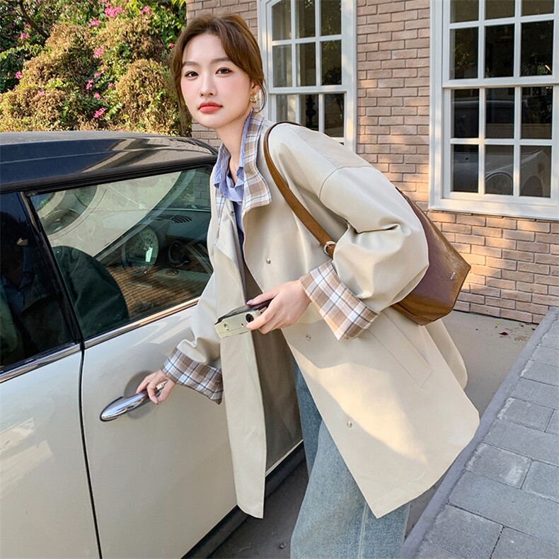 【现货】2025春装新款格子拼接风衣外套女R2C086-2526P145K218,女装风衣,2C086