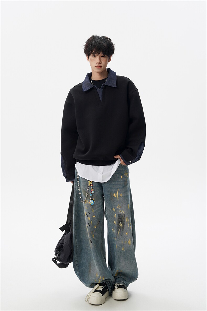 8XL-M美式拼接新款翻领高级感衬衫领运动上衣长袖卫衣男WY26P68,男装衬衫,电商D206-1