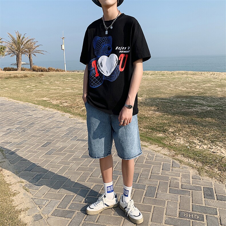 港风ins潮流体恤夏季小熊情侣短袖男大码宽松纯棉中袖T122P35控49,男装T恤,电商A089-1