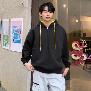 抖音得物二开美式高街重磅结构双层撞色连帽卫衣开衫外套W116