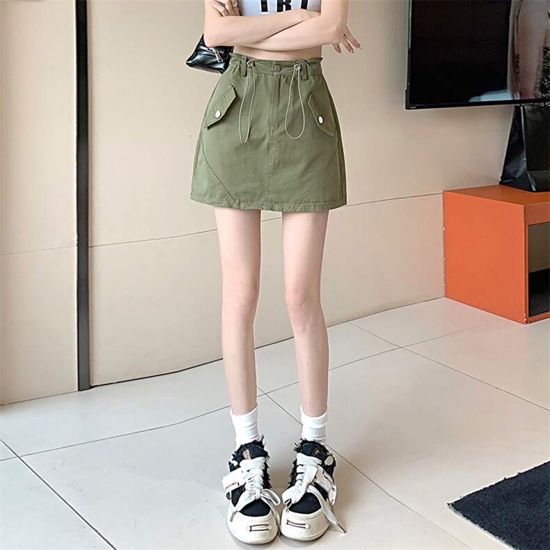 2024韩版抽绳收腰显瘦半身裙女休闲减龄百搭防走光工装短裙,女装半身裙,梦白服饰厂