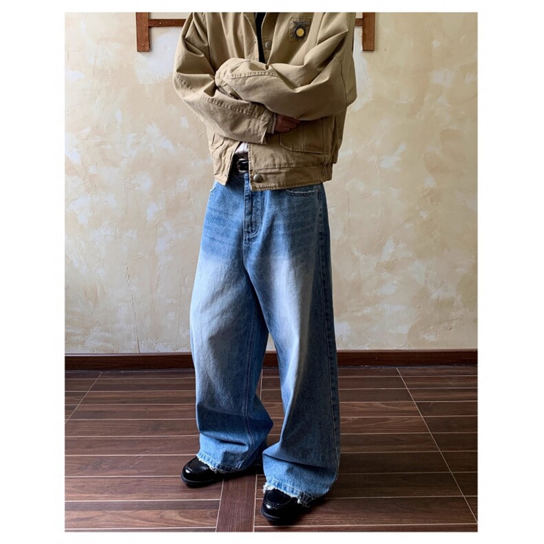 美式水洗蓝色直筒牛仔裤男cleanfit宽松设计感百搭拖地裤子,男装牛仔裤,星座506A