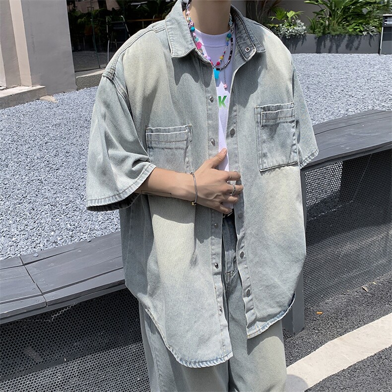 韩系小众短袖牛仔衬衫套装男夏季宽松休闲潮牌衬衣外套TZ030-P100,男装休闲套装,星座308B-2