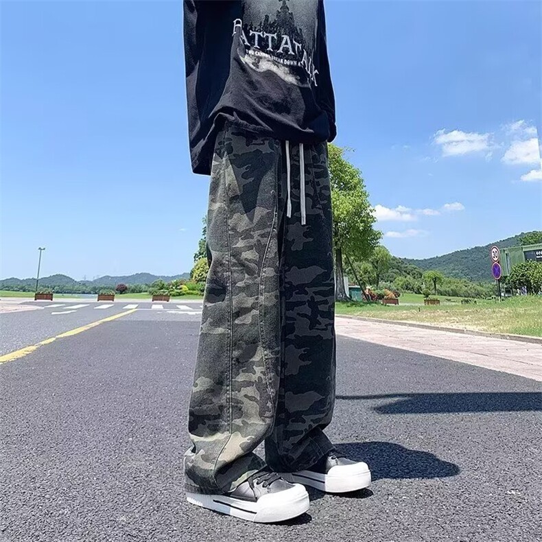 N43-P41夏季扎染毛边牛仔裤男直筒做旧水洗日系复古休闲痞帅,男装牛仔裤,电商B323A