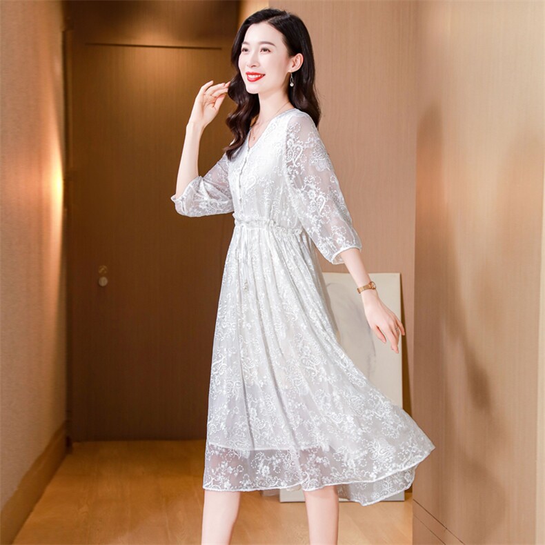 桑蚕丝新款优雅真丝绣花连衣裙显瘦修身气质长裙,女装连衣裙,阿舍尔精品