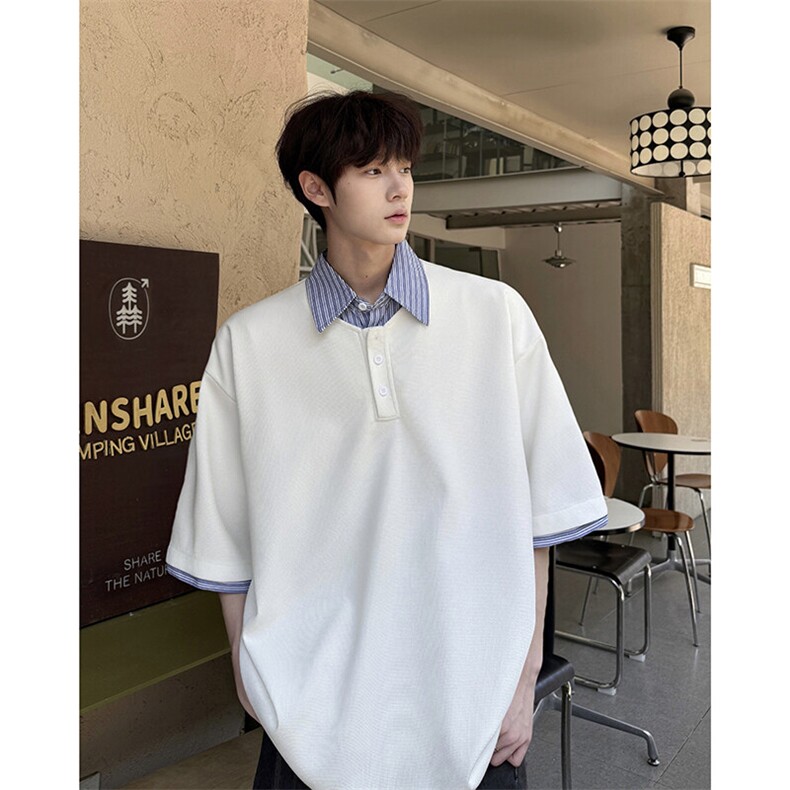 8XL-M假两件衬衫领短袖T恤大码夏季条纹拼接polo衫半袖DX1211/P45,男装Polo衫,电商B238