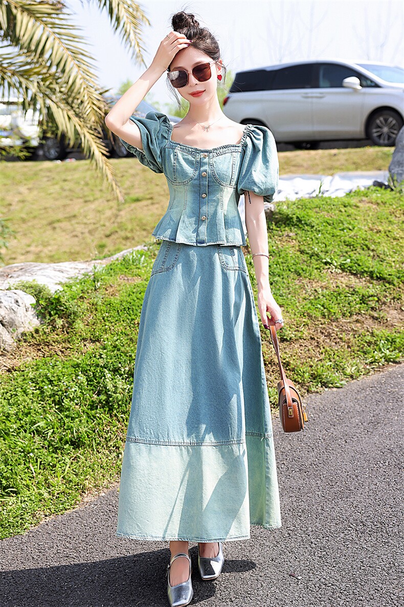 现货2023年夏季新款女装时尚气质显瘦高级炒洗色牛仔两件套,女装套装/套裙,韩蜜菓