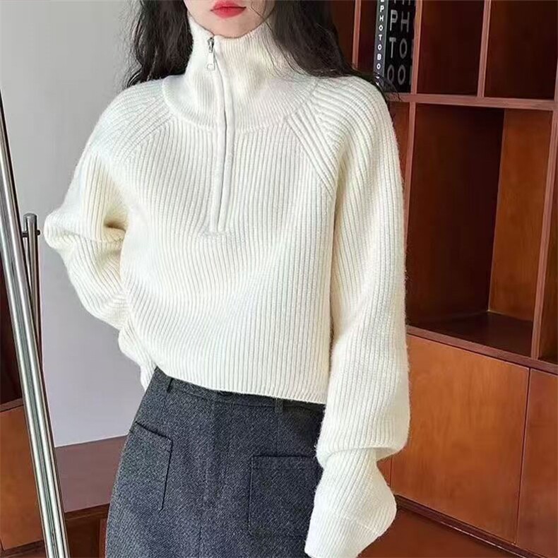 秋冬新款韩版宽松立领设计感半拉链短款拉链加厚短款针织衫毛衣女图片