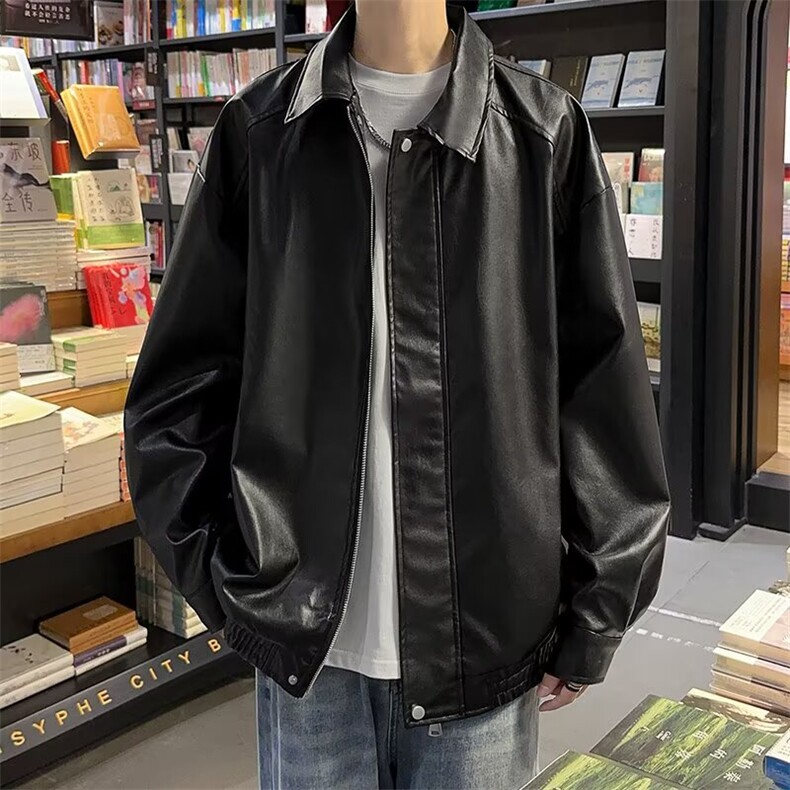 美拉德棕色皮衣外套机车服翻领复古宽松PU夹克上衣Y1023-P68网图图片