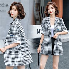 欧洲棉麻格子西装外套女薄款韩版宽松短袖洋气小西服21021夏装，女装西装，一安秀