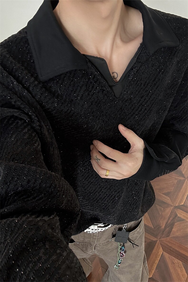 美式重磅雪尼尔长袖T恤男秋冬季打底衫polo衫加绒加厚卫衣外套男,男装T恤,电商B319