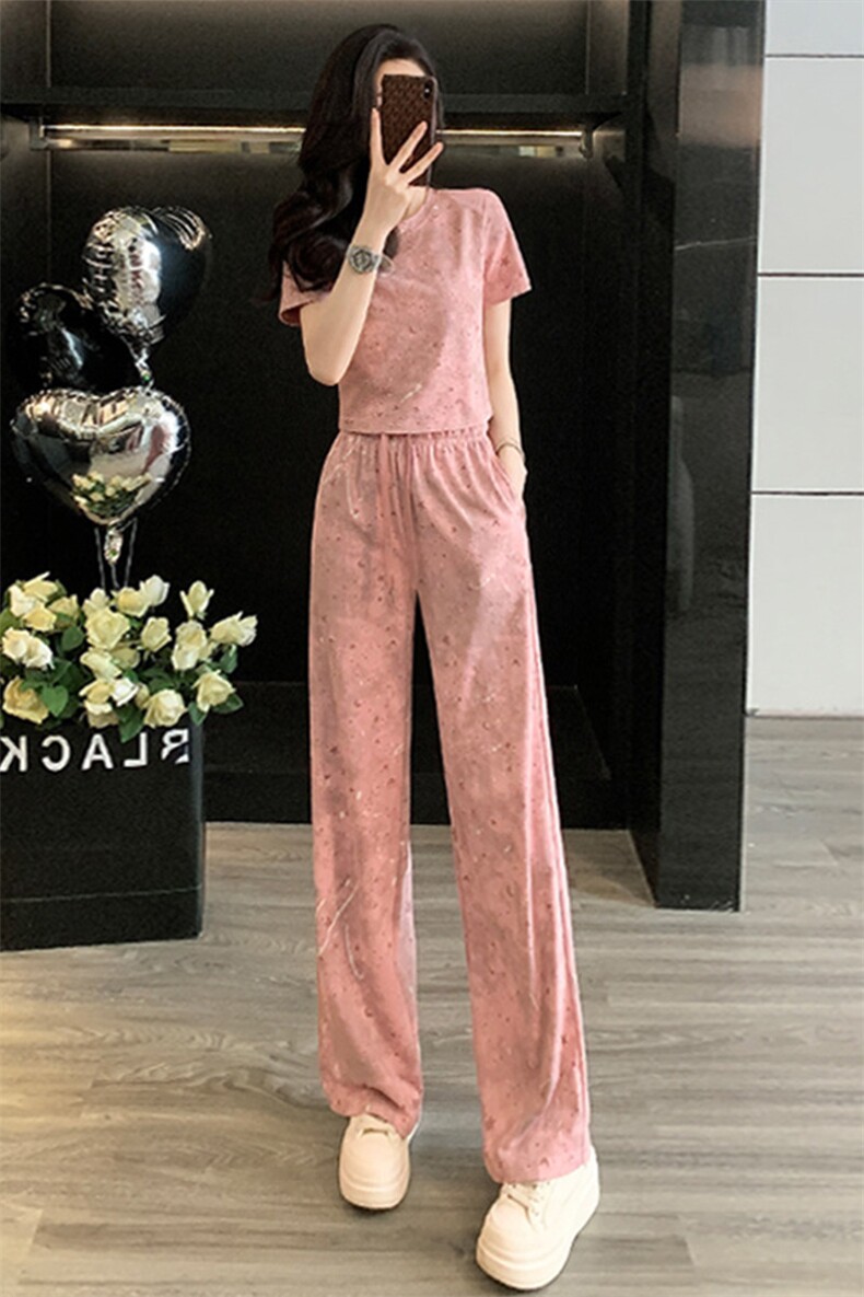 网红炸街时尚运动套装女夏新款粉色扎染短袖上衣高腰阔腿裤两件套,女装套装/套裙,江南