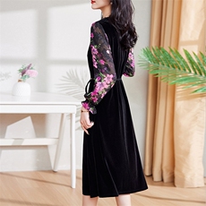 现货-新品】春装金丝绒连衣裙2024年中长款显瘦V领中长款裙子，女装连衣裙，仁梯