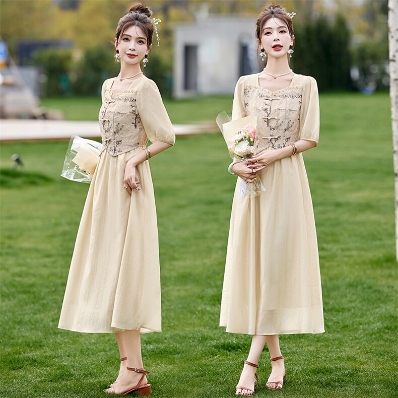 新中式国风连衣裙女装2024新款夏季高级感小个子气质名媛盘扣裙子，女装连衣裙，魅丽静蓝