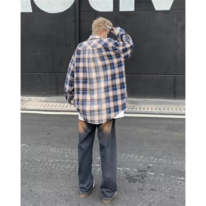 春秋款美式复古格子衬衫男士春秋新款潮流百搭拼色长袖衬衣外套图片