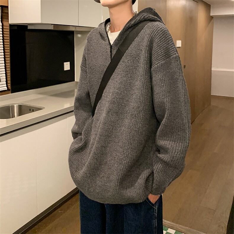 慵懒风半拉链连帽棉衣男秋冬季新款宽松时尚针织衫,男装针织衫/毛衣,星座410-7