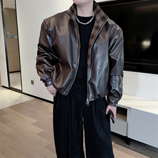 秋冬复古格子拼接加棉机车皮衣夹克棉外套男潮JK2377-P145档口图，男装夹克，电商B267