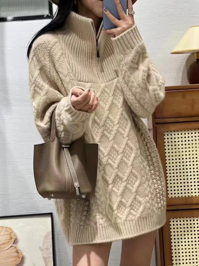气质百搭纯色简约精致35%羊绒衫女立领显瘦中长款上有,女装羊绒衫,隆秋羊绒